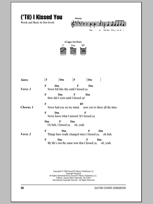 Learn to play Everly Brothers ('Til) I Kissed You sheet music for Piano, Vocal & Guitar Chords (Right-Hand Melody) in minutes. Price: 7.8900$ Everly Brothers ('Til) I Kissed You sheet music notes and chords arranged for Piano, Vocal & Guitar Chords (Right-Hand Melody)