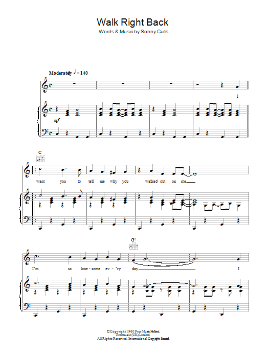 Learn to play The Everly Brothers Walk Right Back sheet music for Guitar Chords/Lyrics in minutes. Price: 4.4900$ The Everly Brothers Walk Right Back sheet music notes and chords arranged for Guitar Chords/Lyrics