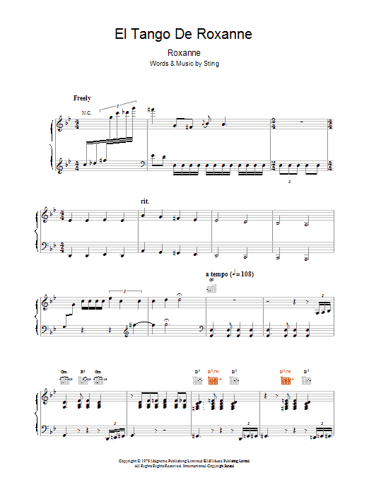 Sting El Tango De Roxanne sheet music notes and chords arranged for Piano, Vocal & Guitar Chords