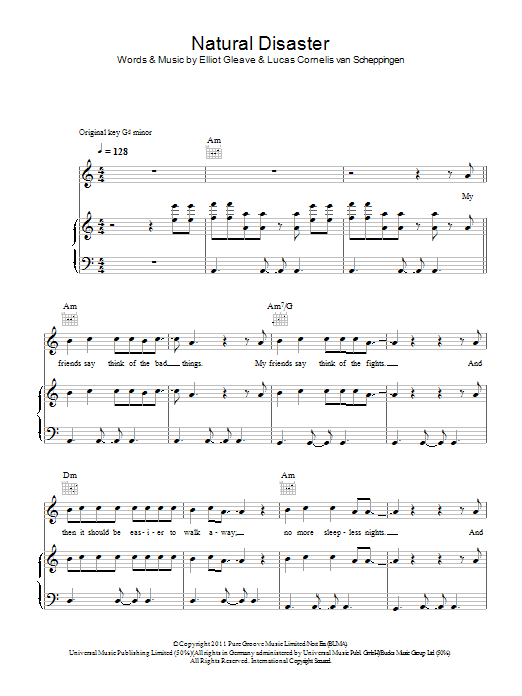 Learn to play Example Natural Disaster (feat. Laid Back Luke) sheet music for Piano, Vocal & Guitar Chords in minutes. Price: 7.8900$ Example Natural Disaster (feat. Laid Back Luke) sheet music notes and chords arranged for Piano, Vocal & Guitar Chords