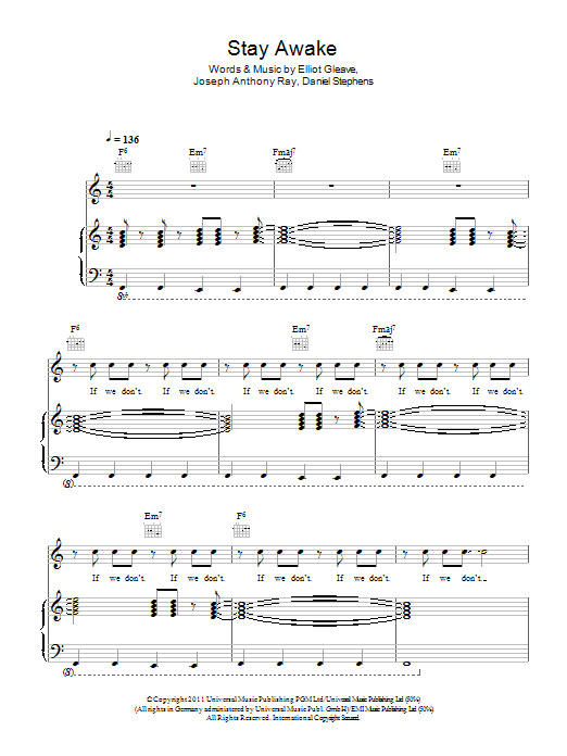 Learn to play Example Stay Awake sheet music for Piano, Vocal & Guitar Chords in minutes. Price: 7.8900$ Example Stay Awake sheet music notes and chords arranged for Piano, Vocal & Guitar Chords