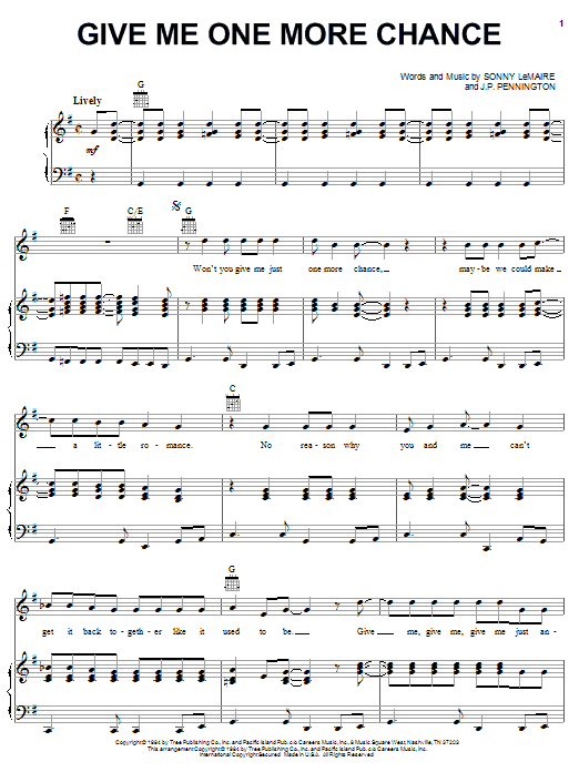 Learn to play Exile Give Me One More Chance sheet music for Piano, Vocal & Guitar Chords (Right-Hand Melody) in minutes. Price: 7.8900$ Exile Give Me One More Chance sheet music notes and chords arranged for Piano, Vocal & Guitar Chords (Right-Hand Melody)