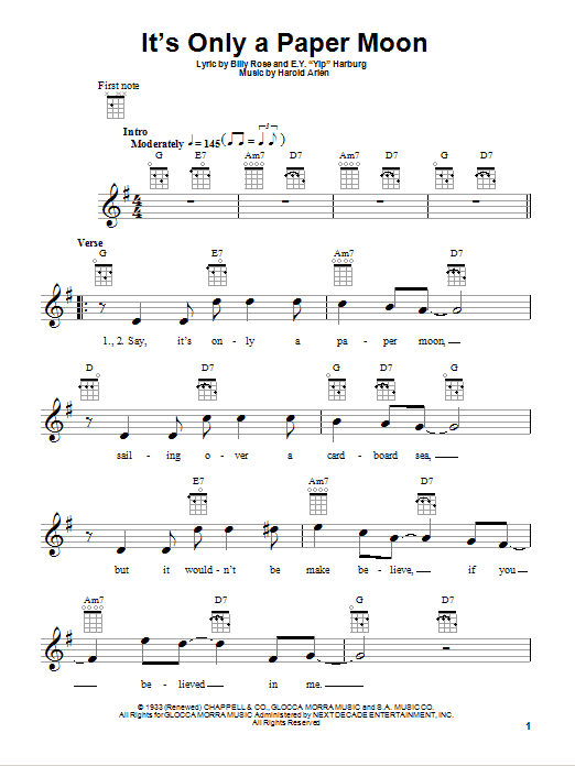 E.Y. Harburg It's Only A Paper Moon sheet music notes and chords. Download Printable PDF.