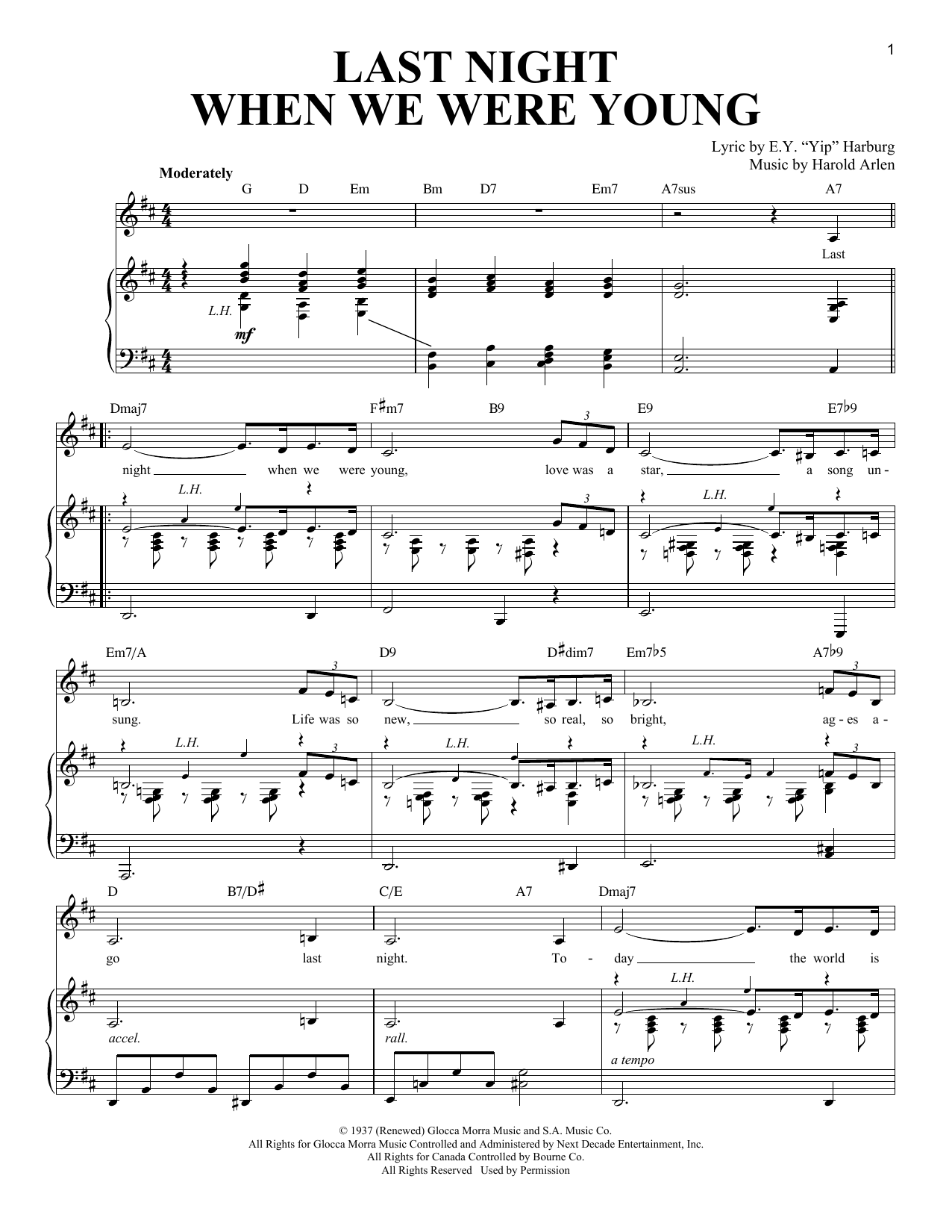 E.Y. Harburg Last Night When We Were Young sheet music notes and chords arranged for Real Book – Melody, Lyrics & Chords