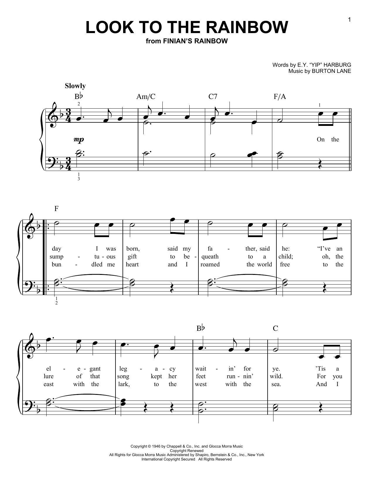 E.Y. Harburg Look To The Rainbow (from Finian's Rainbow) sheet music notes and chords. Download Printable PDF.