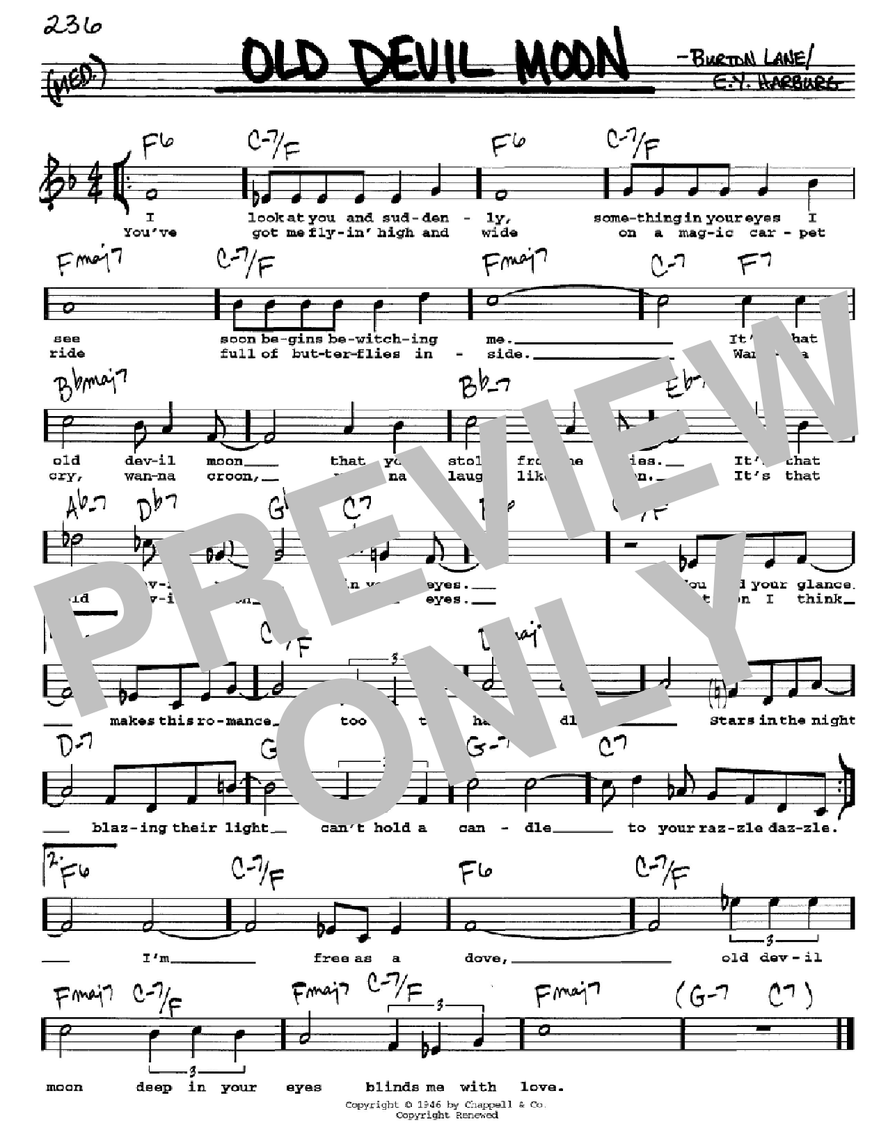 E.Y. Harburg Old Devil Moon sheet music notes and chords. Download Printable PDF.