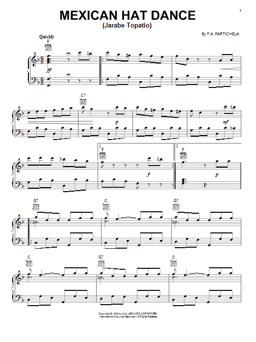 Learn to play F.A. Partichela Mexican Hat Dance (Jarabe Topatio) sheet music for Piano, Vocal & Guitar Chords (Right-Hand Melody) in minutes. Price: 7.8900$ F.A. Partichela Mexican Hat Dance (Jarabe Topatio) sheet music notes and chords arranged for Piano, Vocal & Guitar Chords (Right-Hand Melody)