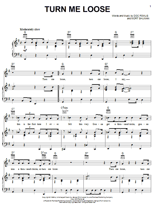 Fabian Turn Me Loose sheet music notes and chords arranged for Piano, Vocal & Guitar Chords (Right-Hand Melody)