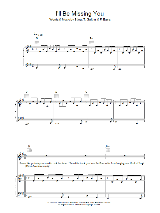 Learn to play Faith Evans I'll Be Missing You sheet music for Piano, Vocal & Guitar Chords in minutes. Price: 7.8900$ Faith Evans I'll Be Missing You sheet music notes and chords arranged for Piano, Vocal & Guitar Chords