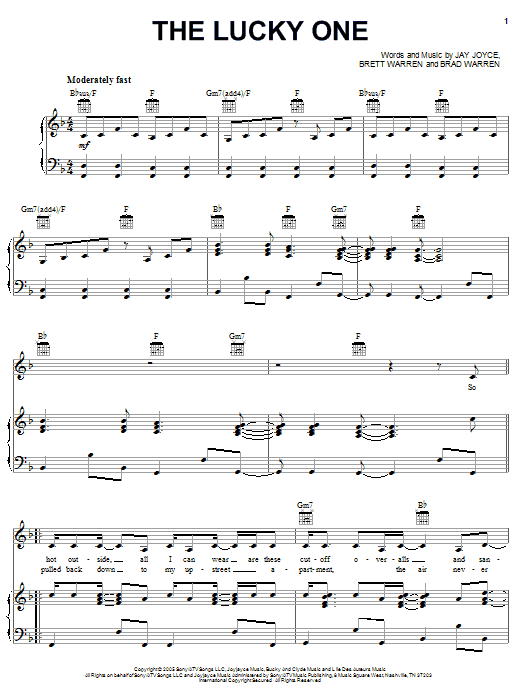 Learn to play Faith Hill The Lucky One sheet music for Piano, Vocal & Guitar Chords (Right-Hand Melody) in minutes. Price: 7.8900$ Faith Hill The Lucky One sheet music notes and chords arranged for Piano, Vocal & Guitar Chords (Right-Hand Melody)