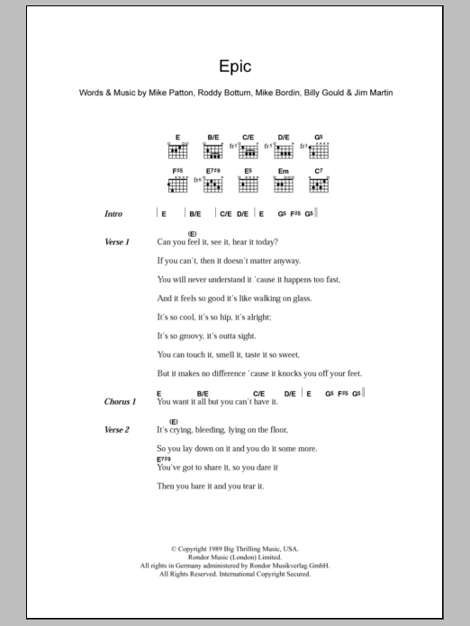 Faith No More Epic sheet music notes and chords. Download Printable PDF.