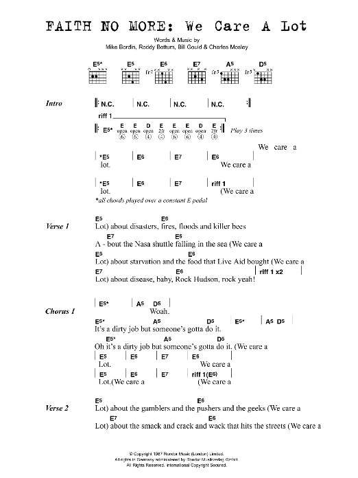 Faith No More We Care A Lot sheet music notes and chords arranged for Guitar Chords/Lyrics