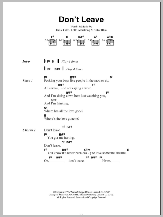 Faithless Don't Leave sheet music notes and chords. Download Printable PDF.