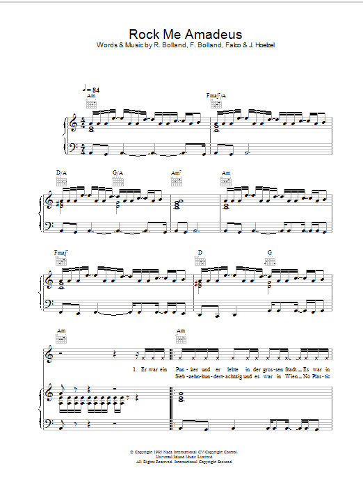Learn to play Falco Rock Me Amadeus sheet music for Piano, Vocal & Guitar Chords in minutes. Price: 7.8900$ Falco Rock Me Amadeus sheet music notes and chords arranged for Piano, Vocal & Guitar Chords