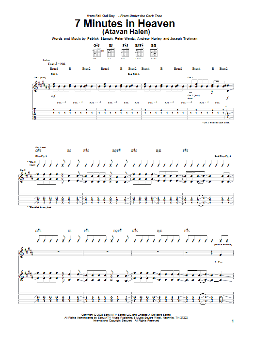 Learn to play Fall Out Boy 7 Minutes In Heaven (Atavan Halen) sheet music for Guitar Tab in minutes. Price: 7.8900$ Fall Out Boy 7 Minutes In Heaven (Atavan Halen) sheet music notes and chords arranged for Guitar Tab