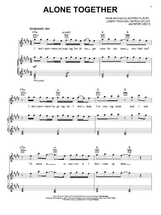 Learn to play Fall Out Boy Alone Together sheet music for Piano, Vocal & Guitar Chords (Right-Hand Melody) in minutes. Price: 7.8900$ Fall Out Boy Alone Together sheet music notes and chords arranged for Piano, Vocal & Guitar Chords (Right-Hand Melody)