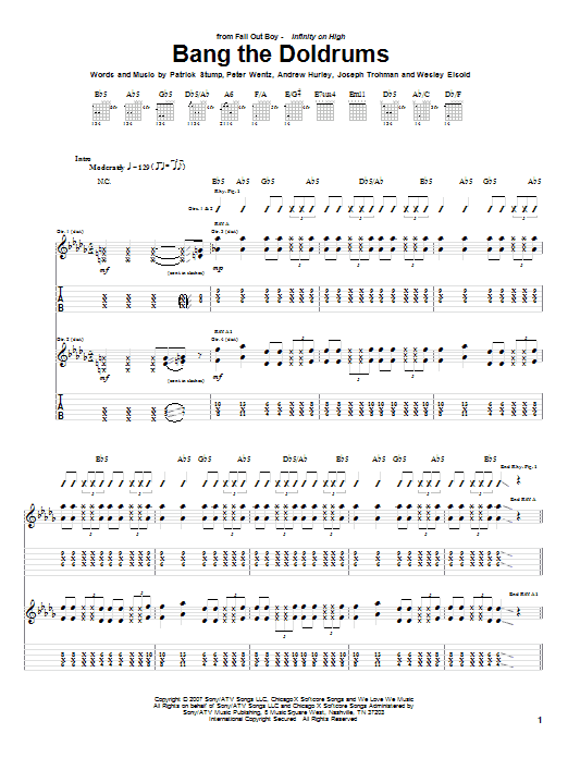 Learn to play Fall Out Boy Bang The Doldrums sheet music for Guitar Tab in minutes. Price: 7.8900$ Fall Out Boy Bang The Doldrums sheet music notes and chords arranged for Guitar Tab