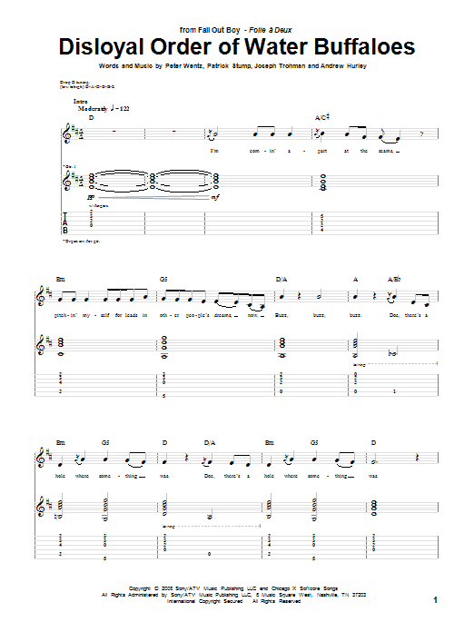 Learn to play Fall Out Boy Disloyal Order Of Water Buffaloes sheet music for Guitar Tab in minutes. Price: 7.8900$ Fall Out Boy Disloyal Order Of Water Buffaloes sheet music notes and chords arranged for Guitar Tab