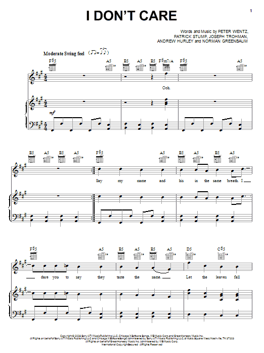 Learn to play Fall Out Boy I Don't Care sheet music for Piano, Vocal & Guitar Chords (Right-Hand Melody) in minutes. Price: 7.8900$ Fall Out Boy I Don't Care sheet music notes and chords arranged for Piano, Vocal & Guitar Chords (Right-Hand Melody)