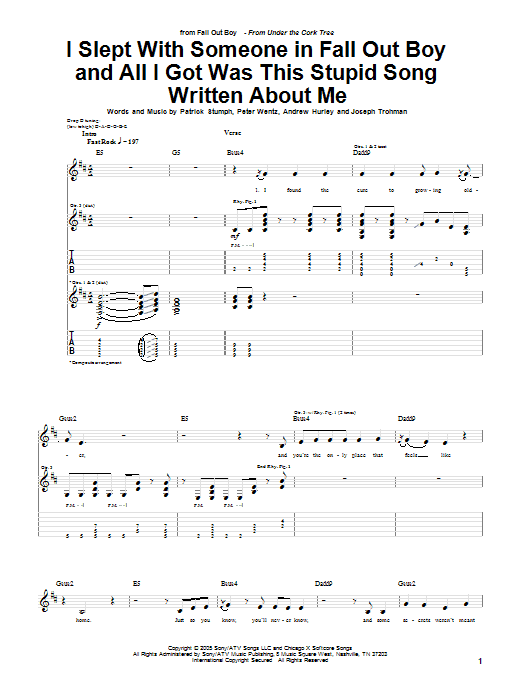 Learn to play Fall Out Boy I Slept With Someone In Fall Out Boy And All I Got Was This Stupid Song Written About Me sheet music for Guitar Tab in minutes. Price: 7.8900$ Fall Out Boy I Slept With Someone In Fall Out Boy And All I Got Was This Stupid Song Written About Me sheet music notes and chords arranged for Guitar Tab