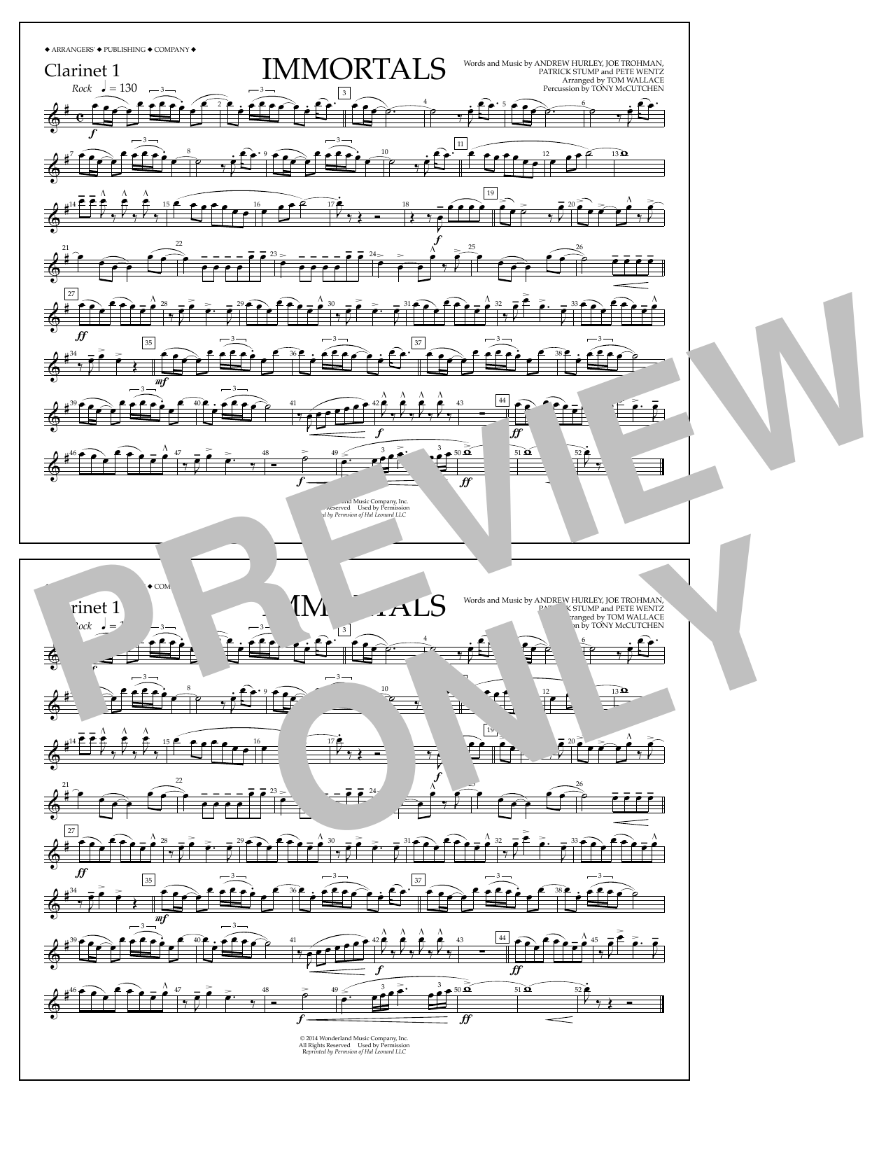 Fall Out Boy Immortals (from Big Hero 6) (arr. Tom Wallace) - Clarinet 1 sheet music notes and chords. Download Printable PDF.