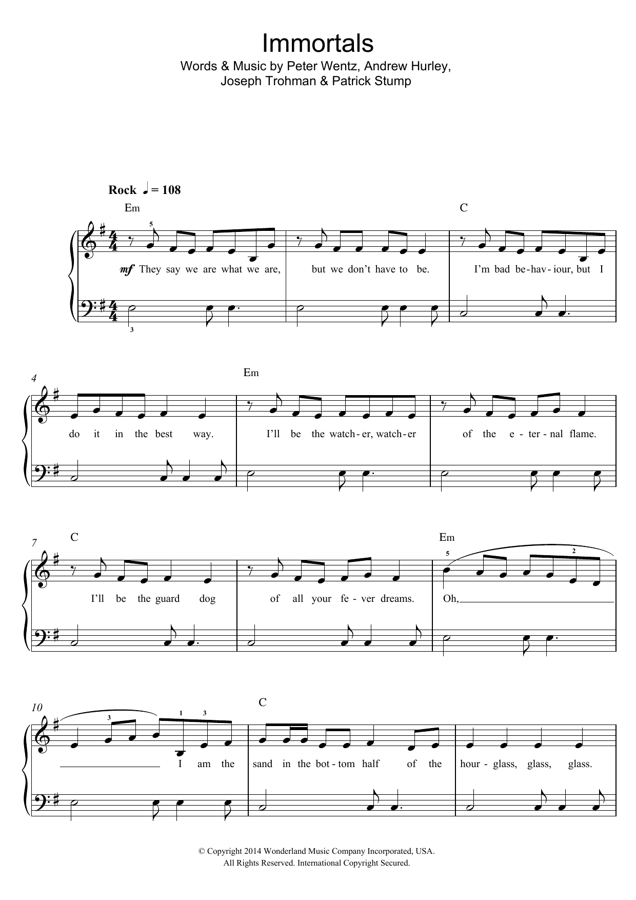 Fall Out Boy Immortals (from Big Hero 6) sheet music notes and chords. Download Printable PDF.