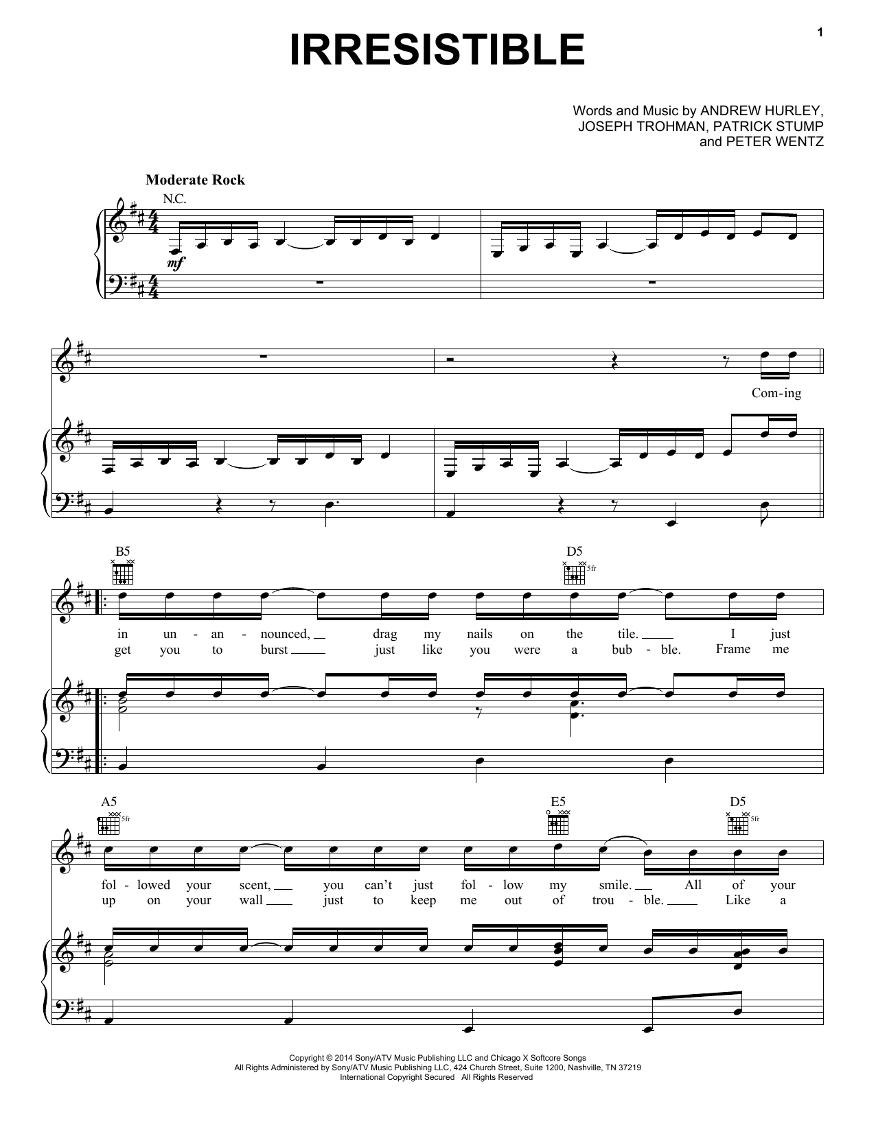 Learn to play Fall Out Boy Irresistible sheet music for Piano, Vocal & Guitar Chords (Right-Hand Melody) in minutes. Price: 7.8900$ Fall Out Boy Irresistible sheet music notes and chords arranged for Piano, Vocal & Guitar Chords (Right-Hand Melody)