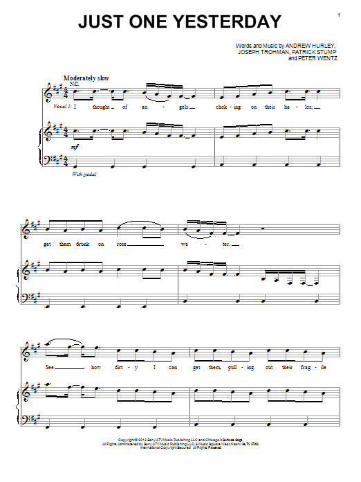 Learn to play Fall Out Boy Just One Yesterday sheet music for Piano, Vocal & Guitar Chords (Right-Hand Melody) in minutes. Price: 7.8900$ Fall Out Boy Just One Yesterday sheet music notes and chords arranged for Piano, Vocal & Guitar Chords (Right-Hand Melody)