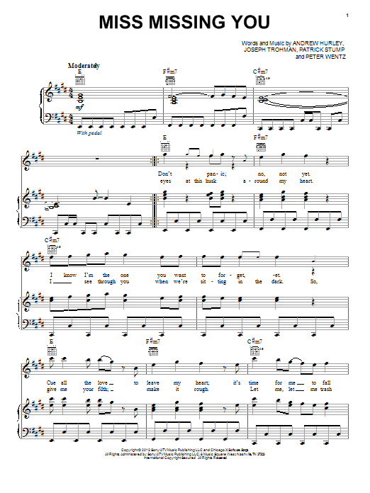 Learn to play Fall Out Boy Miss Missing You sheet music for Piano, Vocal & Guitar Chords (Right-Hand Melody) in minutes. Price: 7.8900$ Fall Out Boy Miss Missing You sheet music notes and chords arranged for Piano, Vocal & Guitar Chords (Right-Hand Melody)
