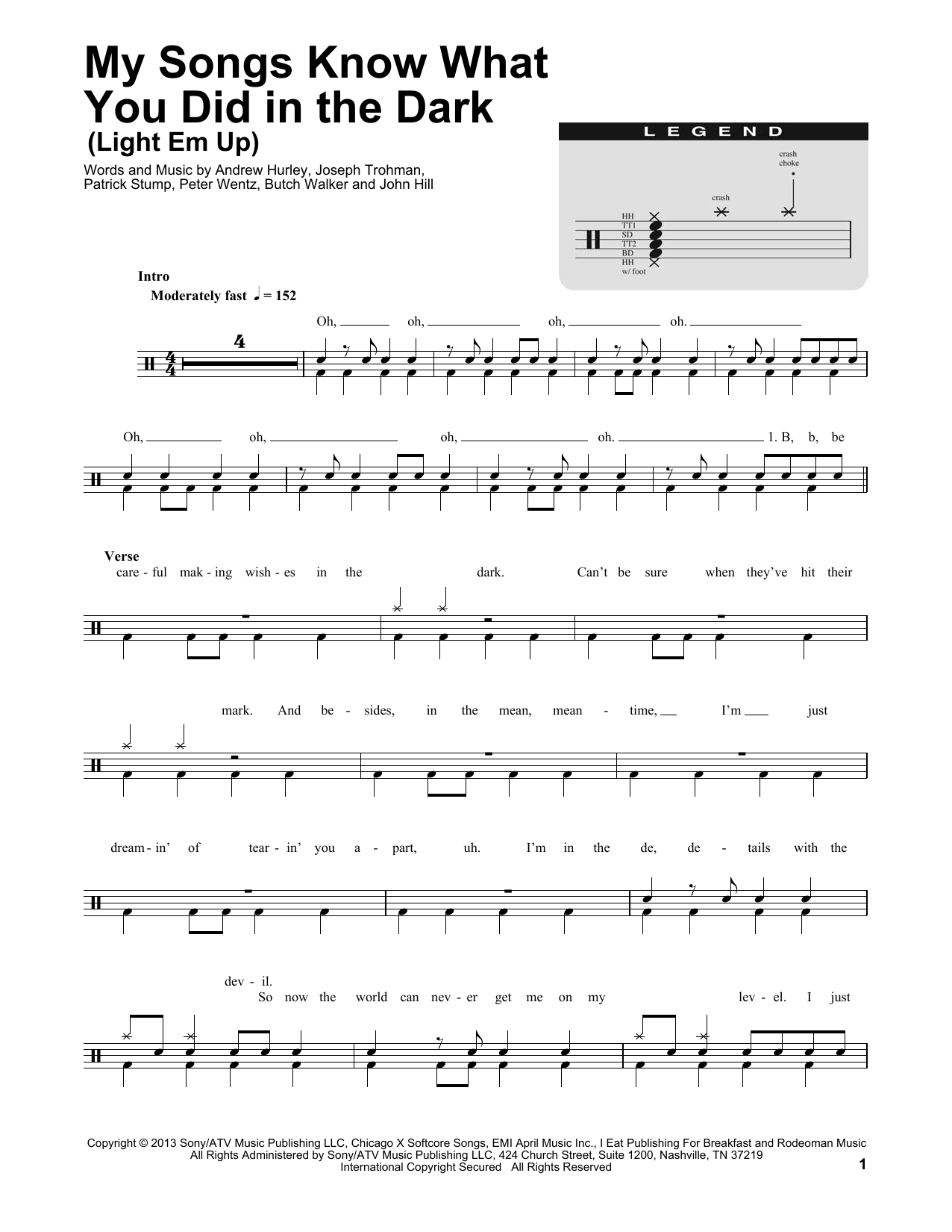 Fall Out Boy My Songs Know What You Did In The Dark (Light Em Up) sheet music notes and chords. Download Printable PDF.