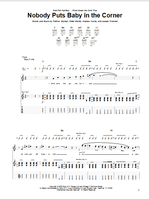Learn to play Fall Out Boy Nobody Puts Baby In The Corner sheet music for Guitar Tab in minutes. Price: 7.8900$ Fall Out Boy Nobody Puts Baby In The Corner sheet music notes and chords arranged for Guitar Tab