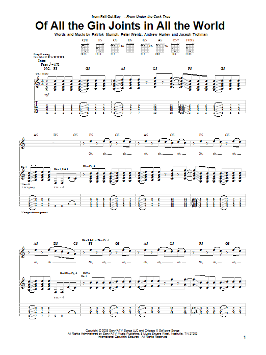 Learn to play Fall Out Boy Of All The Gin Joints In All The World sheet music for Guitar Tab in minutes. Price: 7.8900$ Fall Out Boy Of All The Gin Joints In All The World sheet music notes and chords arranged for Guitar Tab