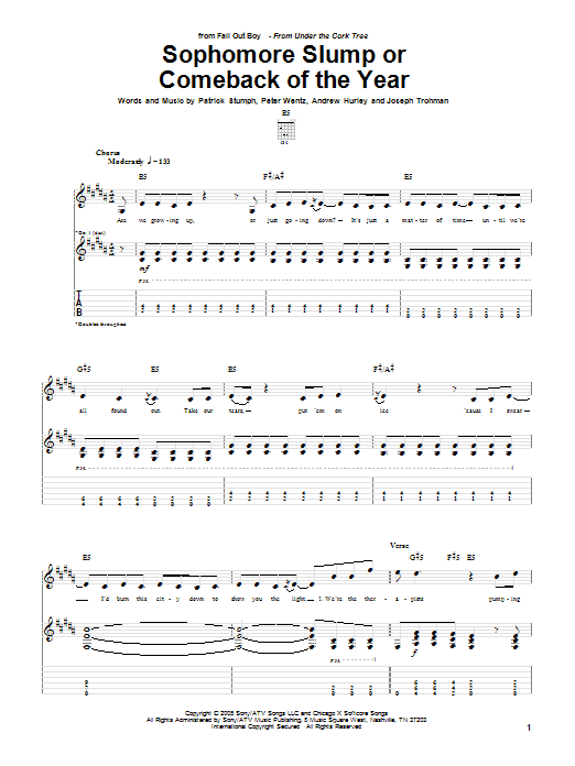 Learn to play Fall Out Boy Sophomore Slump Or Comeback Of The Year sheet music for Guitar Tab in minutes. Price: 7.8900$ Fall Out Boy Sophomore Slump Or Comeback Of The Year sheet music notes and chords arranged for Guitar Tab