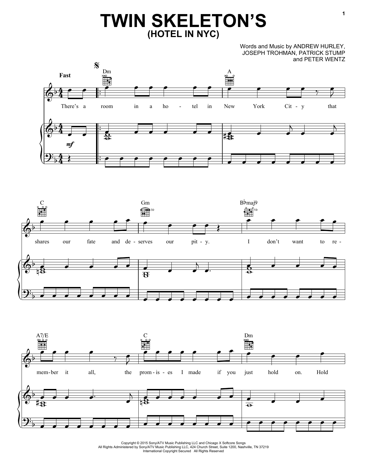 Learn to play Fall Out Boy Twin Skeleton's (Hotel In NYC) sheet music for Piano, Vocal & Guitar Chords (Right-Hand Melody) in minutes. Price: 7.8900$ Fall Out Boy Twin Skeleton's (Hotel In NYC) sheet music notes and chords arranged for Piano, Vocal & Guitar Chords (Right-Hand Melody)