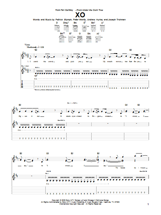Learn to play Fall Out Boy XO sheet music for Guitar Tab in minutes. Price: 7.8900$ Fall Out Boy XO sheet music notes and chords arranged for Guitar Tab