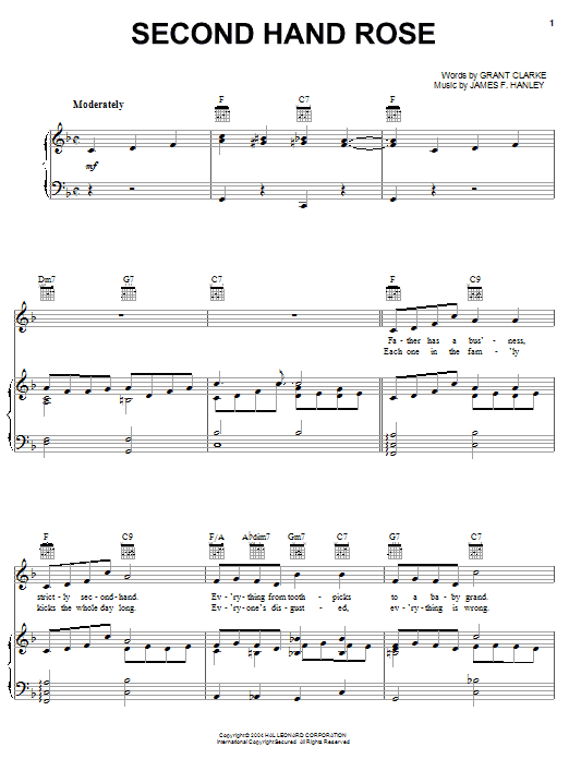 Fannie Brice Second Hand Rose sheet music notes and chords arranged for Piano, Vocal & Guitar Chords (Right-Hand Melody)