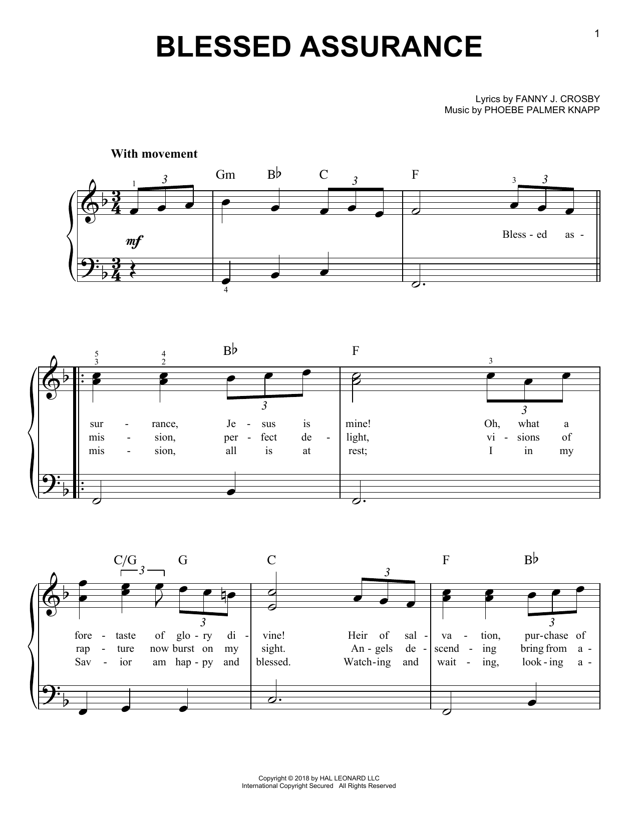 Phoebe P. Knapp Blessed Assurance sheet music notes and chords. Download Printable PDF.