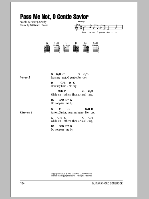 Fanny J. Crosby Pass Me Not, O Gentle Savior sheet music notes and chords. Download Printable PDF.