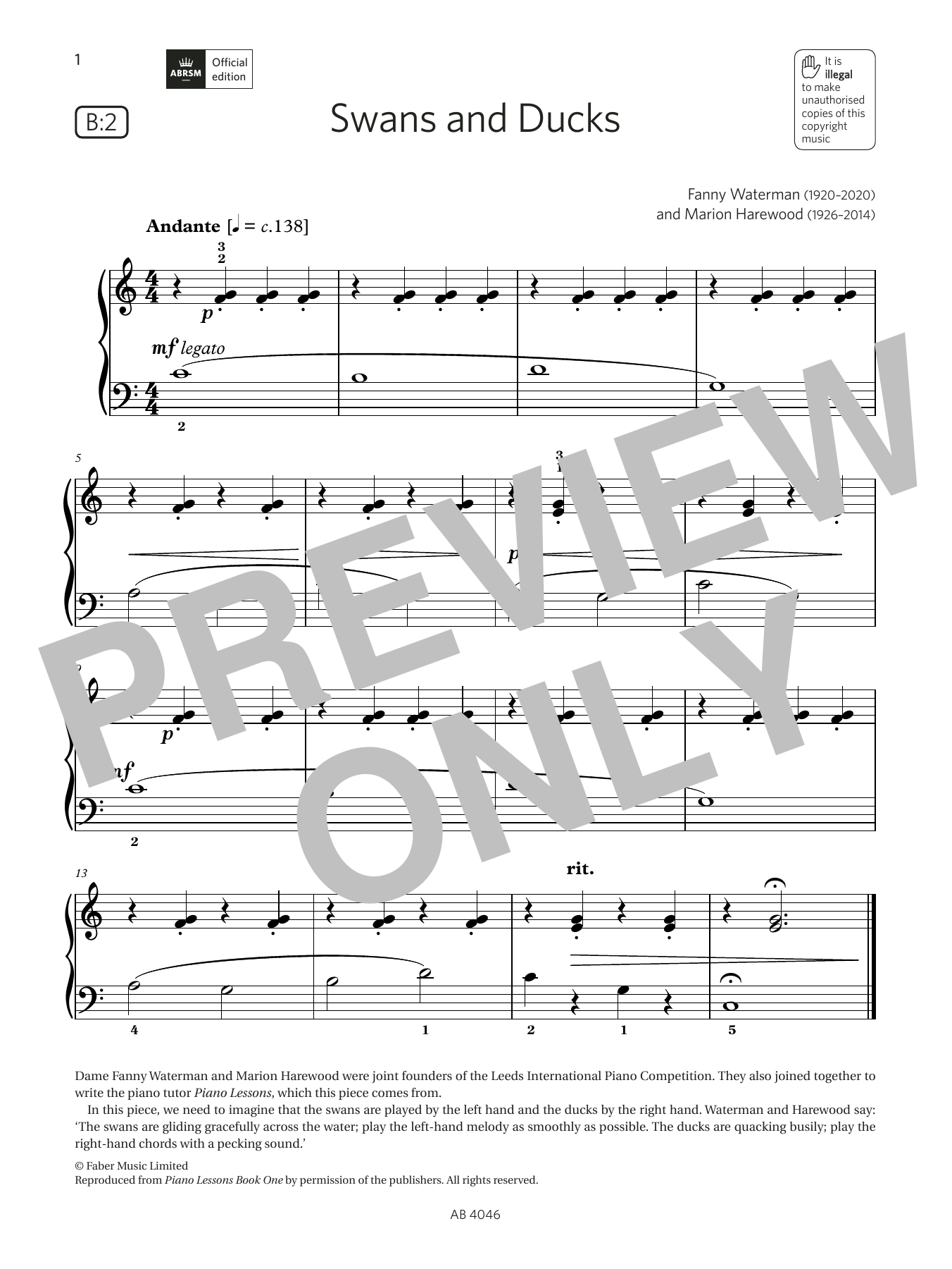 Fanny Waterman & Marion Harewood Swans and Ducks (Grade Initial, list B2, from the ABRSM Piano Syllabus 2023 & 2024) sheet music notes and chords. Download Printable PDF.