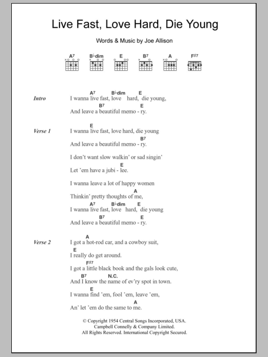 Faron Young Live Fast, Love Hard, Die Young sheet music notes and chords. Download Printable PDF.