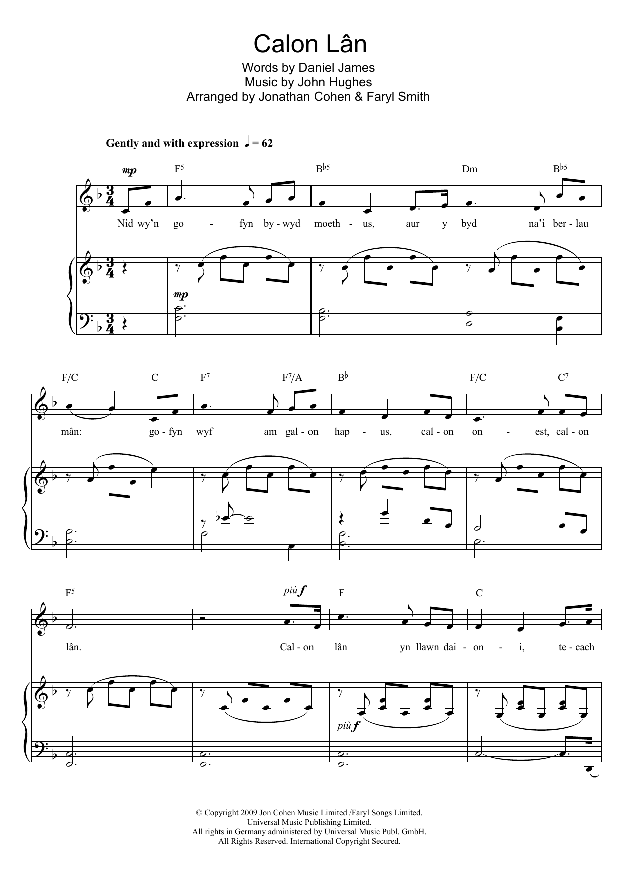 Faryl Smith Calon Lan sheet music notes and chords. Download Printable PDF.