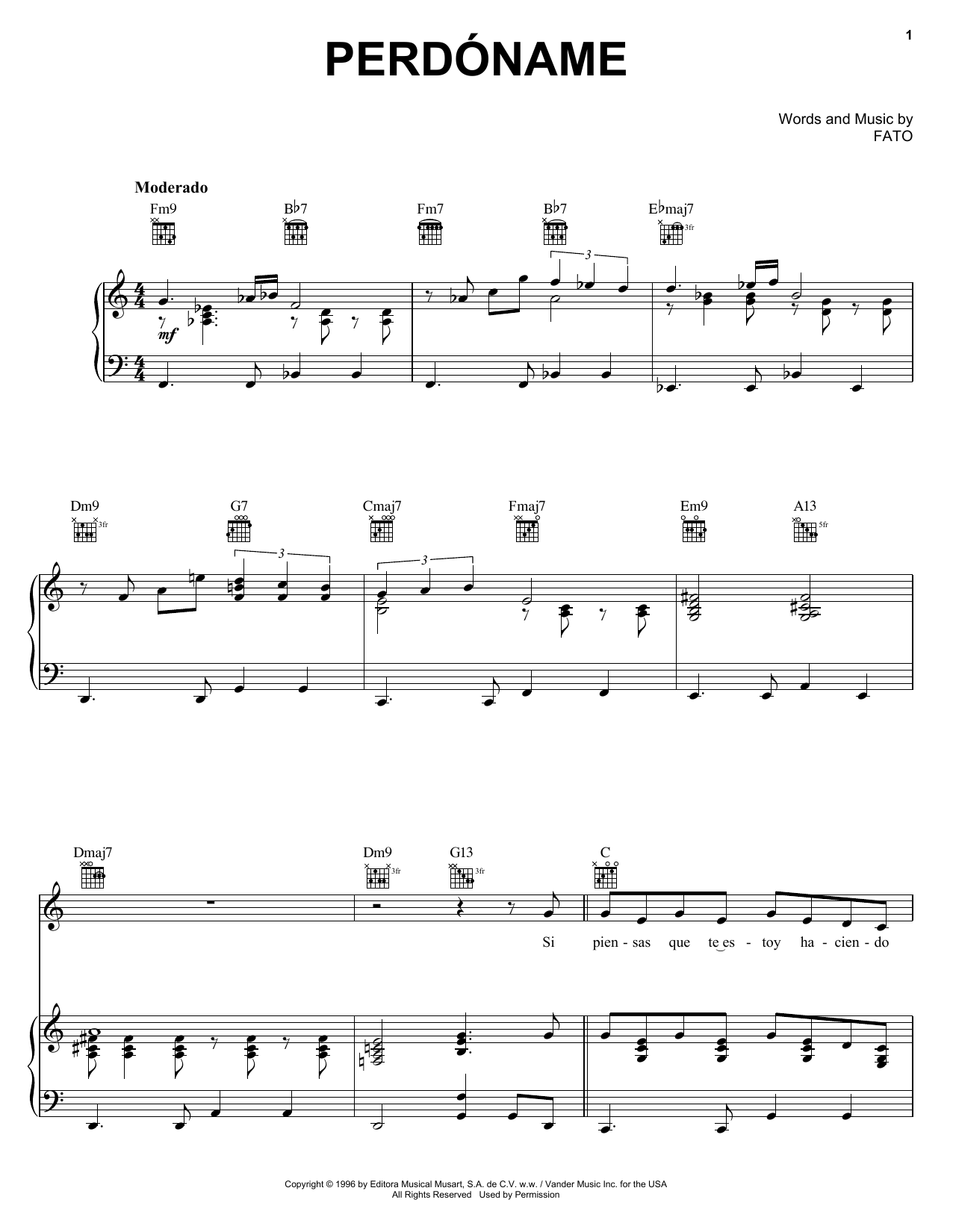 Learn to play FATO Perdoname sheet music for Piano, Vocal & Guitar Chords (Right-Hand Melody) in minutes. Price: 7.8900$ FATO Perdoname sheet music notes and chords arranged for Piano, Vocal & Guitar Chords (Right-Hand Melody)