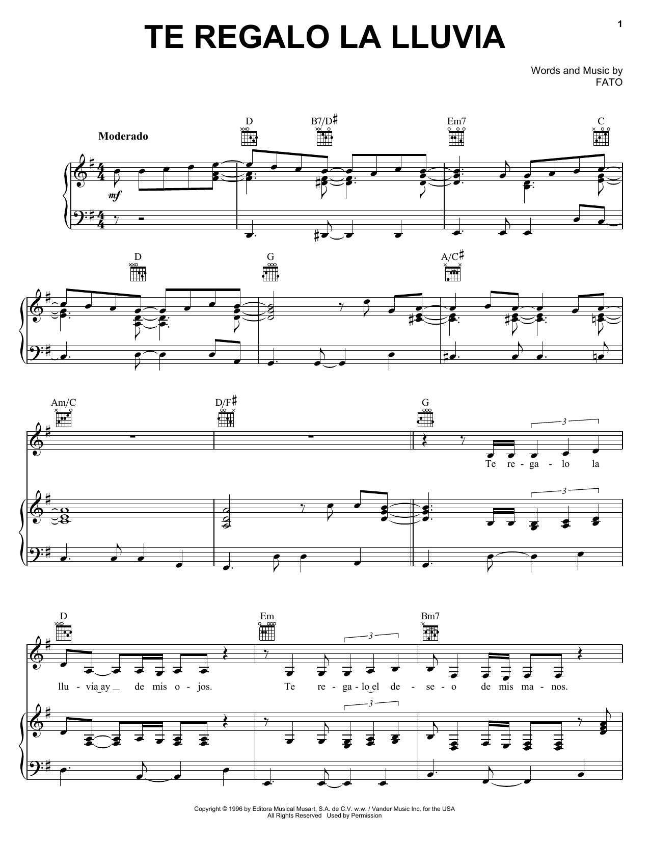 Learn to play FATO Te Regalo La Lluvia sheet music for Piano, Vocal & Guitar Chords (Right-Hand Melody) in minutes. Price: 7.8900$ FATO Te Regalo La Lluvia sheet music notes and chords arranged for Piano, Vocal & Guitar Chords (Right-Hand Melody)