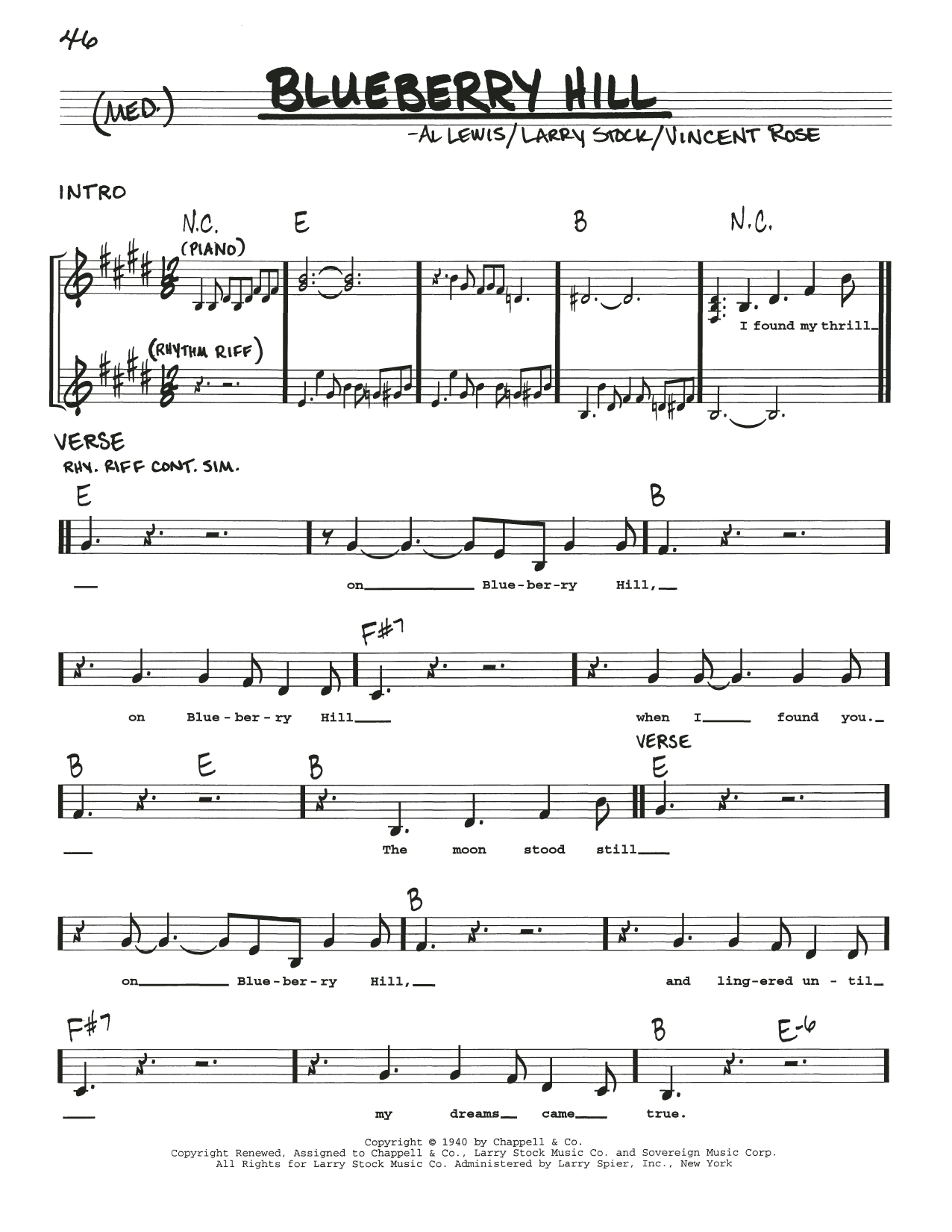 Fats Domino Blueberry Hill sheet music notes and chords. Download Printable PDF.