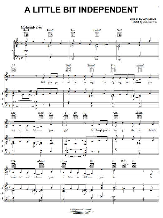Learn to play Fats Waller A Little Bit Independent sheet music for Piano, Vocal & Guitar Chords (Right-Hand Melody) in minutes. Price: 7.8900$ Fats Waller A Little Bit Independent sheet music notes and chords arranged for Piano, Vocal & Guitar Chords (Right-Hand Melody)