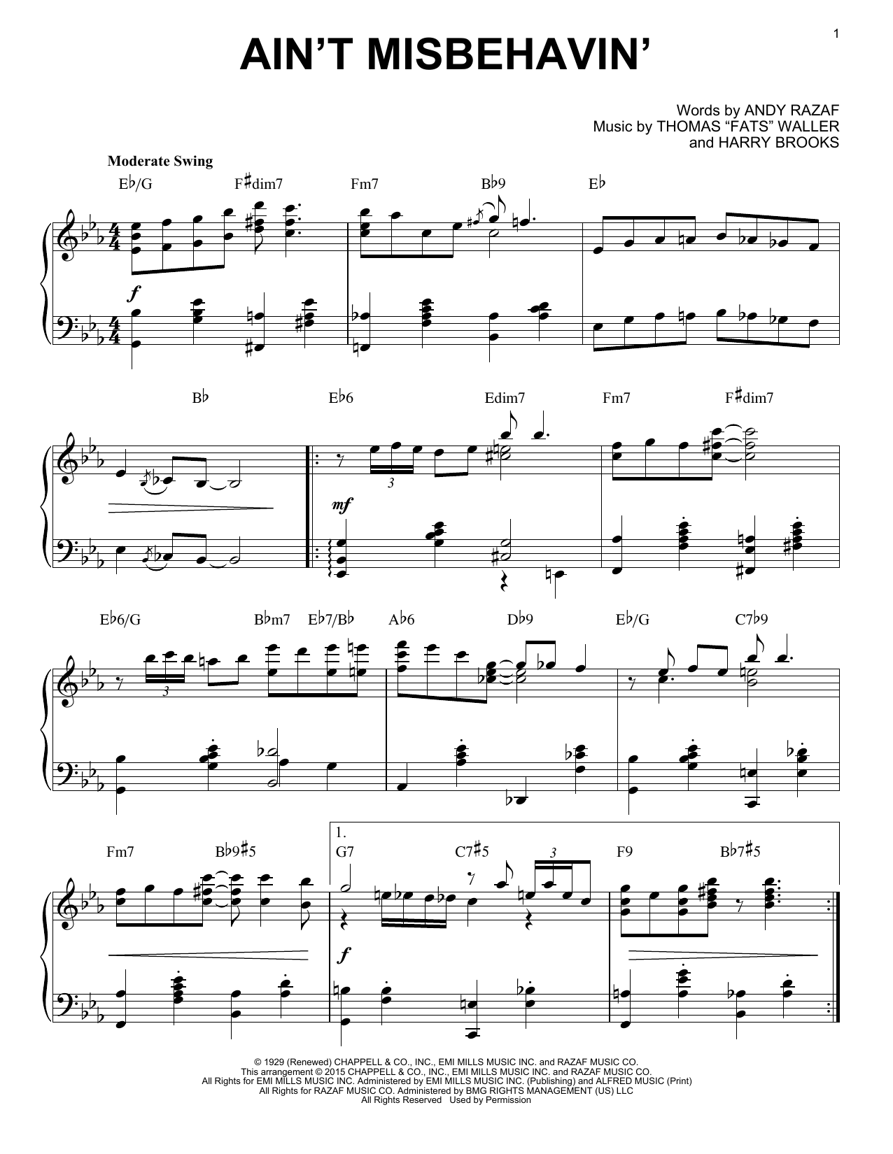 Fats Waller Ain't Misbehavin' [Stride version] (arr. Brent Edstrom) sheet music notes and chords. Download Printable PDF.