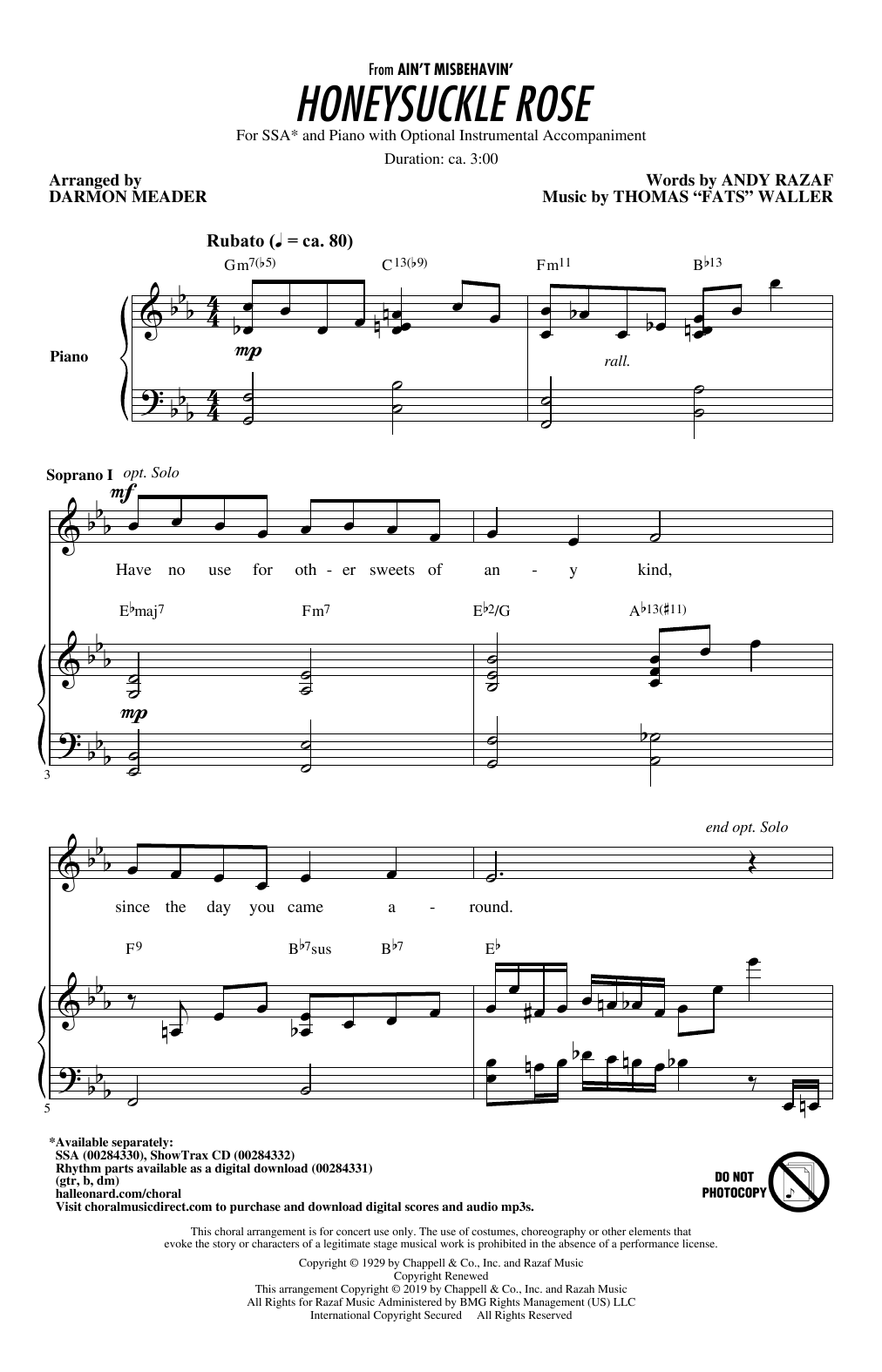 Learn to play Fats Waller Honeysuckle Rose (arr. Darmon Meader) sheet music for SSA Choir in minutes. Price: 3.9900$ Fats Waller Honeysuckle Rose (arr. Darmon Meader) sheet music notes and chords arranged for SSA Choir