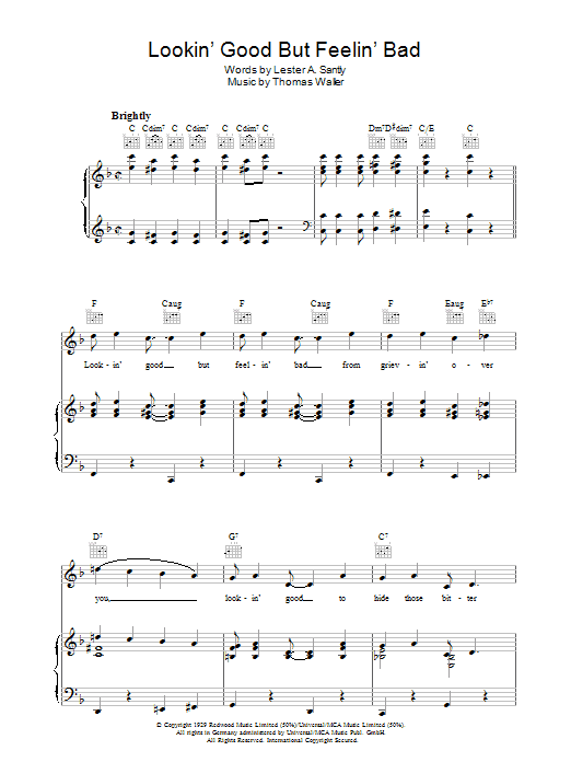 Learn to play Fats Waller Lookin' Good But Feelin' Bad sheet music for Piano, Vocal & Guitar Chords in minutes. Price: 7.8900$ Fats Waller Lookin' Good But Feelin' Bad sheet music notes and chords arranged for Piano, Vocal & Guitar Chords