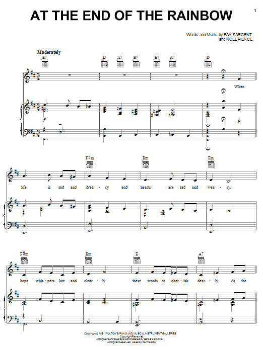 Learn to play Fay Sargent At The End Of The Rainbow sheet music for Piano, Vocal & Guitar Chords (Right-Hand Melody) in minutes. Price: 7.8900$ Fay Sargent At The End Of The Rainbow sheet music notes and chords arranged for Piano, Vocal & Guitar Chords (Right-Hand Melody)