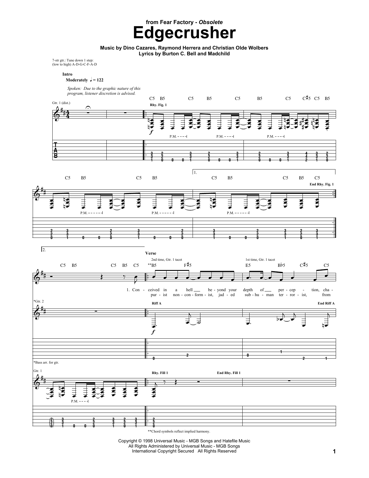 Learn to play Fear Factory Edgecrusher sheet music for Guitar Tab in minutes. Price: 7.8900$ Fear Factory Edgecrusher sheet music notes and chords arranged for Guitar Tab
